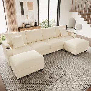 Sofá modular en u pana beige 5-6 plazas con usb tipo c y almacenaje