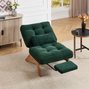 Sillón reclinable pana verde con reposapiés y cojín lumbar