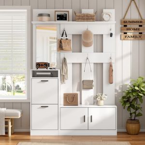 Mueble recibidor con zapatero espejo y 6 ganchos blanco 180x120x30cm