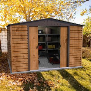 Caseta cobertizo metal jardin alpine 10x10 imitacion madera duramax marron