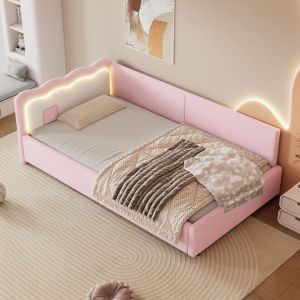 Sofá cama 90x200cm con LED y somier terciopelo – rosa