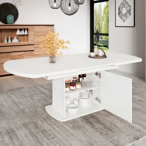 Mesa comedor extensible ovalada con almacenamiento blanca 75x140-200x80cm