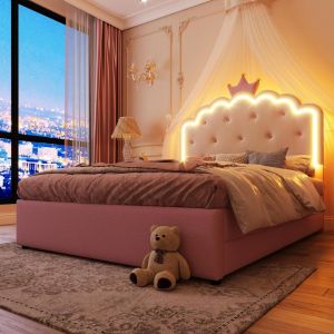 Cama princesa 140x200 cm con cama nido, cajones, LED y mando, rosa