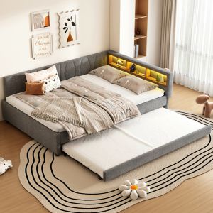 Cama nido 140x200cm con usb, LED y compartimentos lino – gris