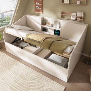 Cama individual 90x200 cm con canapé hidráulico y usb madera – blanco