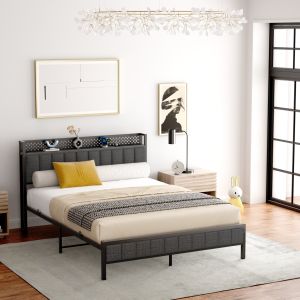 Cama individual 140x200 cm negra con cabezal acolchado, 2 puertos usb y LED