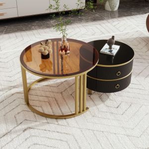 Mesa de centro redonda conjunto 2 piezas madera y vidrio negro 45x70x70cm