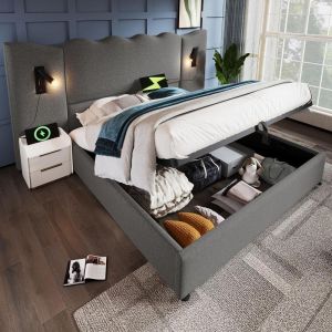 Cama doble metal 180x200cm con LED usb y cabecero con enchufe beige