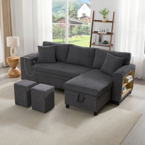 Sofá cama convertible en L de pana gris 3-4 plazas con USB y almacenaje