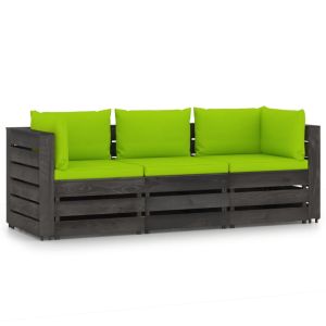 vidaXL sofá de jardín de 3 plazas con cojines madera impregnada gris