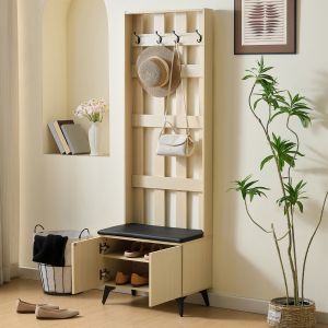 Mueble recibidor con banco y 4 ganchos 2 puertas natural 179,5x60x35cm