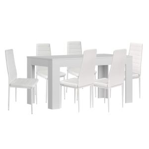 Mesa extensible de comedor o cocina blanco + 6 sillas en polipiel/metal