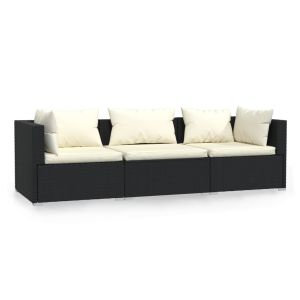 vidaXL sofá de 3 plazas con cojines ratán sintético negro