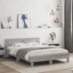 Cama cabecero y luces LED gris sonoma 150x200 cm