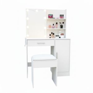 Tocador con espejo LED | estantes, cajón y taburete | luz modulable