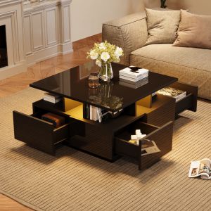 Mesa de centro con LED y 4 cajones negro 40x70x70cm
