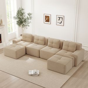 Sofá modular en u de pana beige 4 plazas con asiento profundo sin montaje