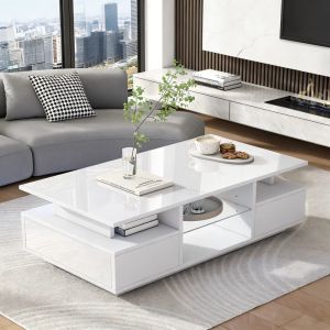 Mesa de centro con LED y 2 cajones blanco 36x100x50cm
