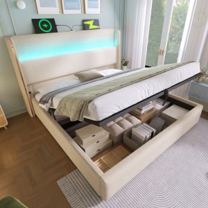 Cama tapizada 160x200cm con canapé LED usb tipo c lino beige con colchón