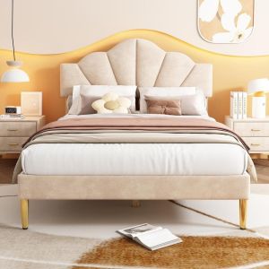 Cama doble tapizada 140x190cm con almacenaje beige