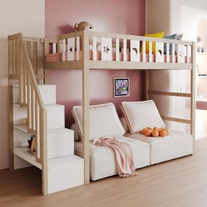 Cama loft infantil 90x200cm madera maciza natural con escalera