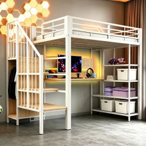 Cama alta de hierro 90x200cm con escritorio, almacenaje, LED, blanca