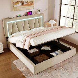 Cama 140x200cm lino con LED usb-c cabecero regulable somier beige