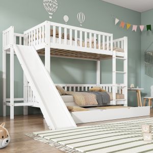 Litera 90x200cm con cama nido, tobogán y estantes madera maciza+mdf blanco