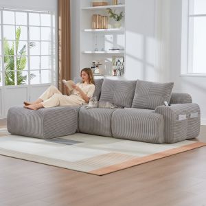 Sofá modular 3 plazas pana gris claro con pufs portavasos y bolsillo