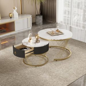 Mesa de centro anidable 2 piezas mdf blanco y dorado 45x70x70cm
