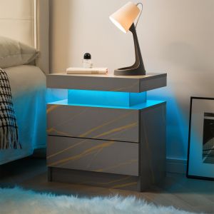 Mesita de noche con LED y 2 cajones gris dorado