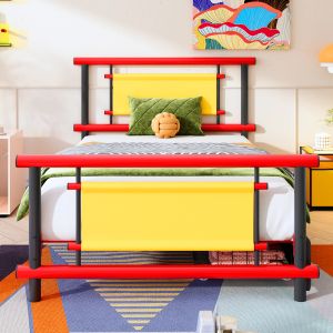 Cama individual 90x200cm con cajones de metal rojo