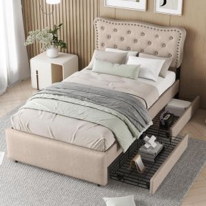 Cama con cajones 90x200cm, cabecero ajustable 101-111cm beige