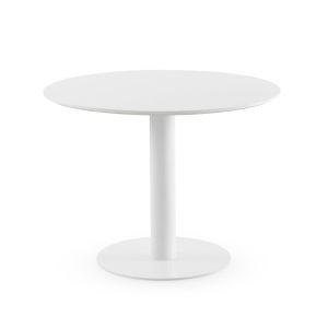 Mesa melamina blanca con pie central metálico, 100x100x75cm