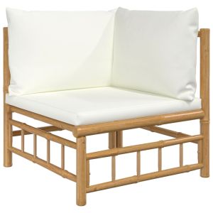 vidaXL sofá esquinero de jardín bambú con cojines blanco crema
