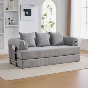 Sofá modular plegable de pana gris claro con bolsillo lateral y 3 cojines
