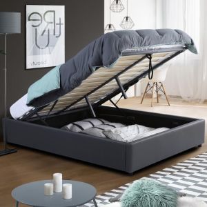 Cama con arcón doble de pu gris con somier - 160 x 200 cm