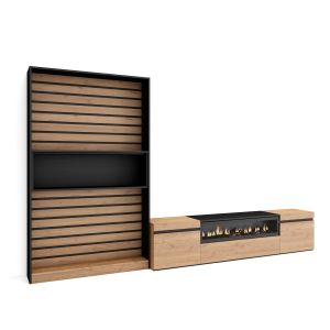 Muebles salón, 310x35x186cm, roble y negro, chimenea eléctrica rf2862