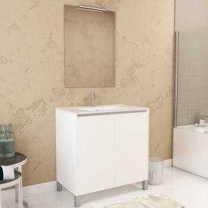 Mueble baño 80cm blanco 2 puertas + lavabo + espejo + aplique LED
