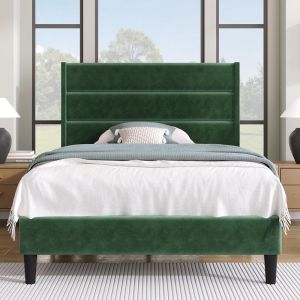 Cama tapizada 90x200 cm, con cabecero, tela lino, diseño moderno,verde