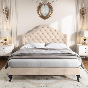 Cama 140x190cm con cabecero ajustable y somier de láminas beige