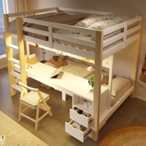 Cama alta 90x200 cm y 140x200 cm con cajones, escritorio, LED, natural