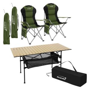 Muebles de camping mesa beige y 2 sillas caqui plegable mobiliario acampada