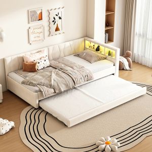 Cama independente,90x200cm,extensible,lino,beige.