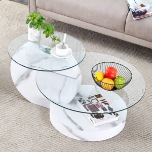 Mesa de centro de 2 niveles cristal y mdf blanco efecto mármol 70x70cm