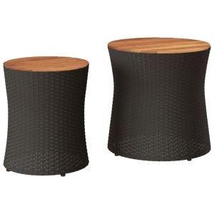 vidaXL mesas auxiliares jardín 2 pzas superficie de madera ratán negro