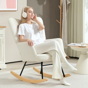 Sillón mecedor tapizado en poliéster blanco con base de madera