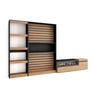 Muebles salón, 320x35x186cm, roble y negro, chimenea eléctrica rf2594