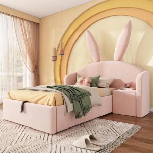 Cama infantil velutada con orejas de conejo y almacenaje 90x190cm rosa