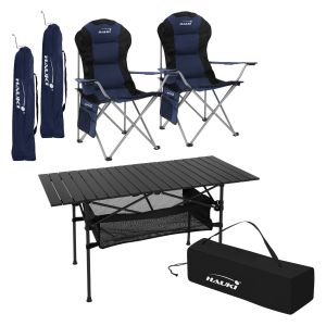 Muebles de camping mesa y 2 sillas azul plegables mobiliario acampada